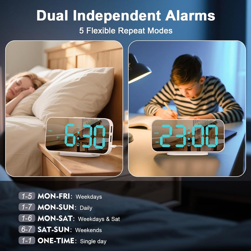 ALANAS Mirror Digital Alarm Clock, Dual Alarms with Snooze, 4-Level Dimmer, 2 USB Ports, Plug in Modern Alarm Clock for Bedrooms (Blue Digit) - Image 3